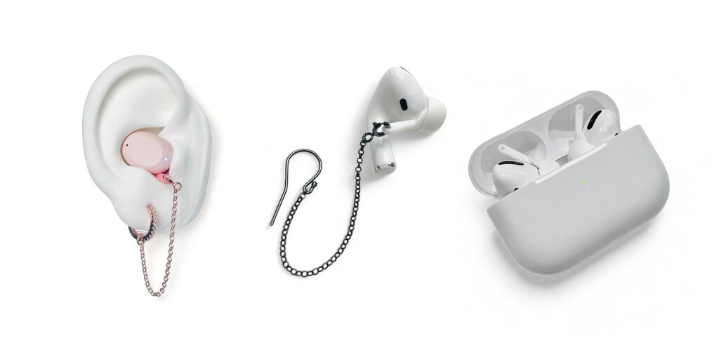 A trio of images shows earrings fitted to wireless earphones
